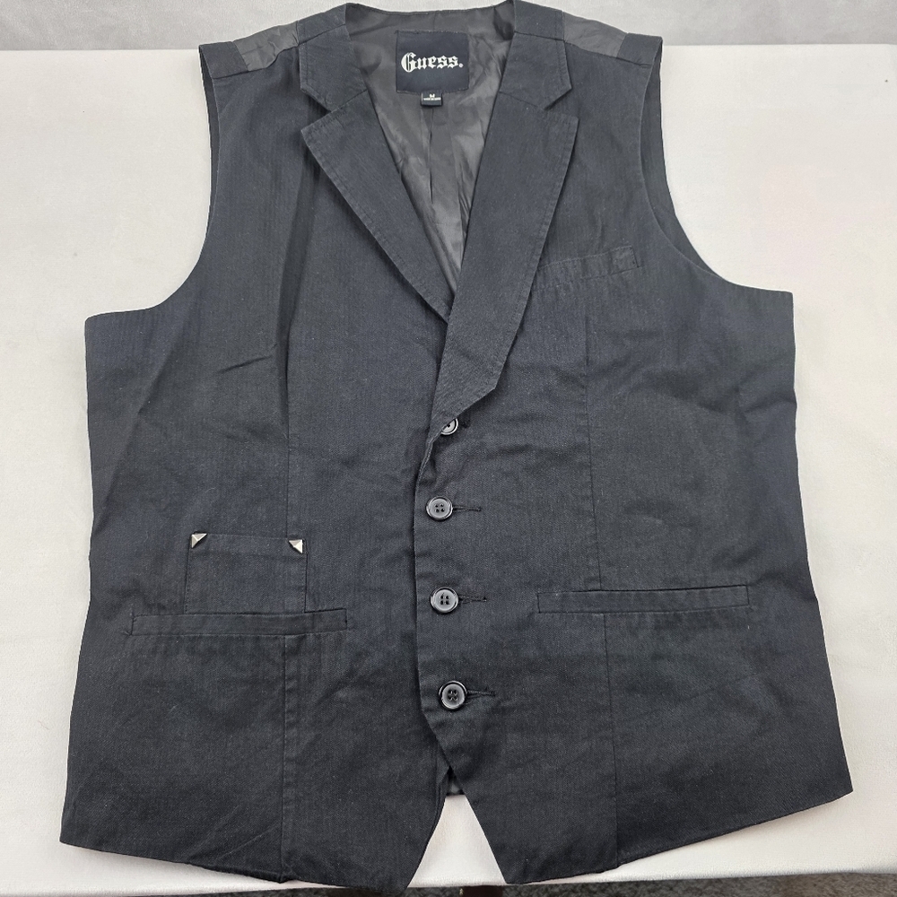 Mens Guess Studded Velvet‎ Back Print Waistcoat Button-Up Vest Size Med